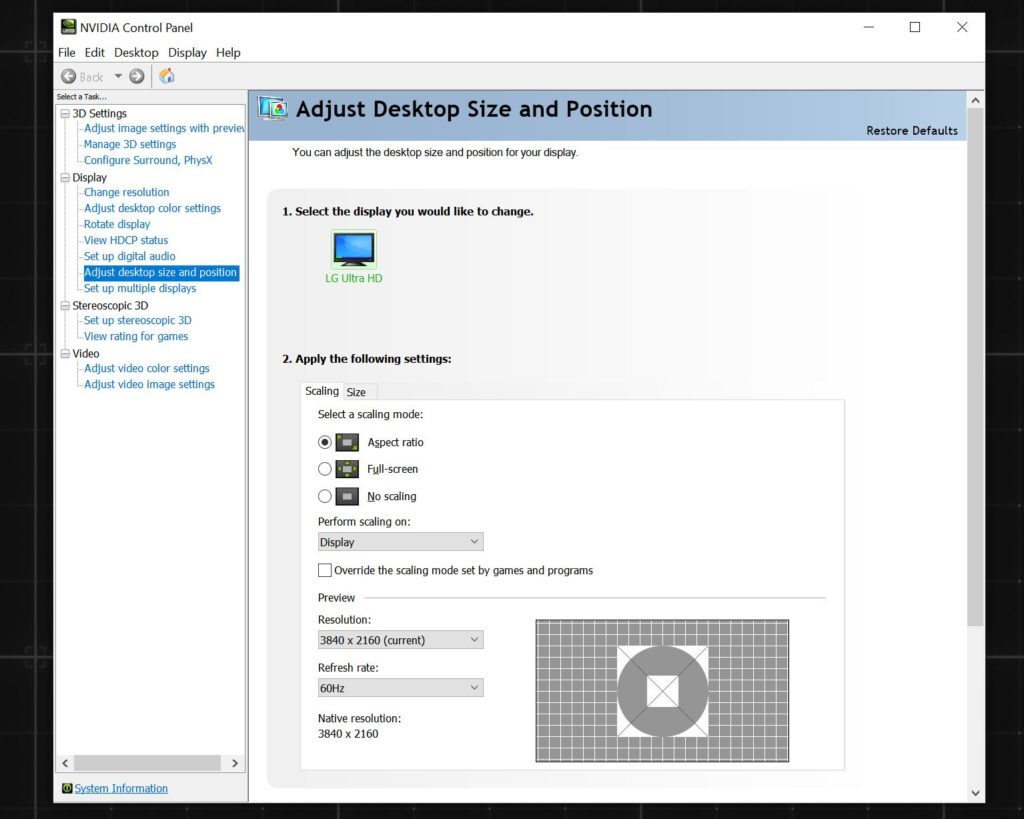 nvidia control panel settings