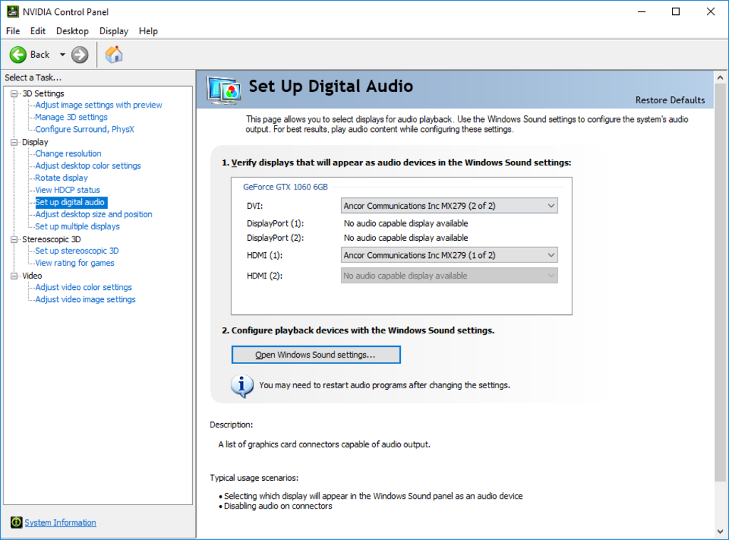 nvidia control panel settings